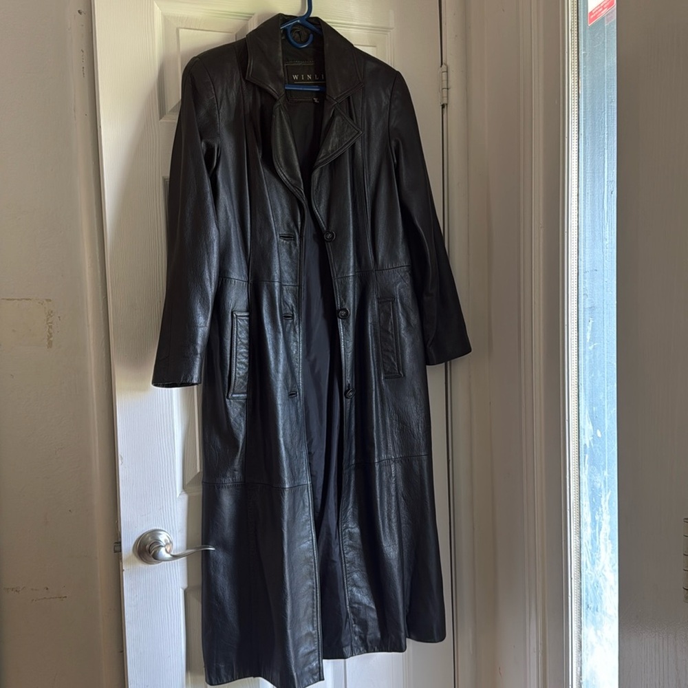 WINLIT Vintage genuine leather long trench coat
